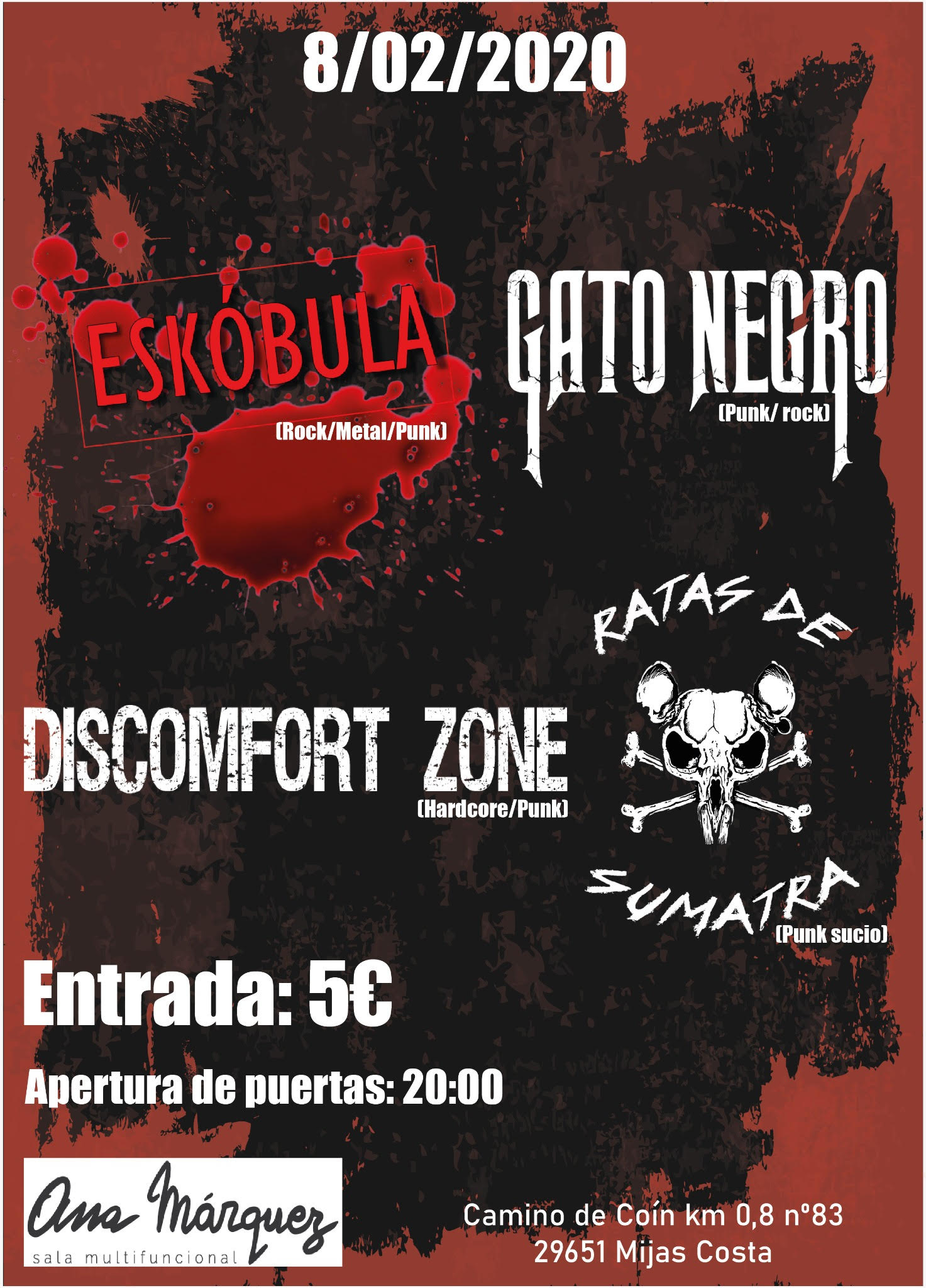 Eskóbula + Gato Negro + Discomfort Zone + Ratas De Sumatra el 8 de febrero en Fuengirola (Málaga)