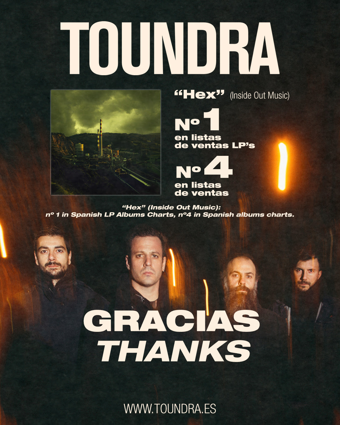 TOUNDRA – ‘Hex’ entra en las listas de ventas oficiales españolas: #4 en las generales y #1 en las  listas de LPs