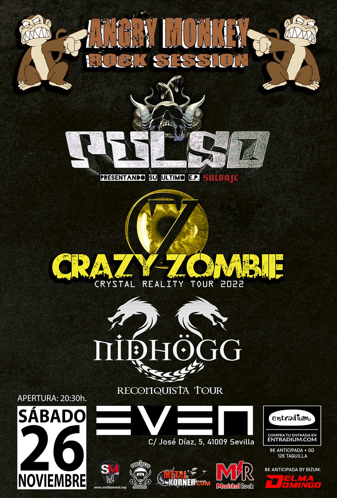 Angry Monkey Rock Session con Pulso + Crazy Zombie + Nidhögg, el 26 de noviembre en Sevilla