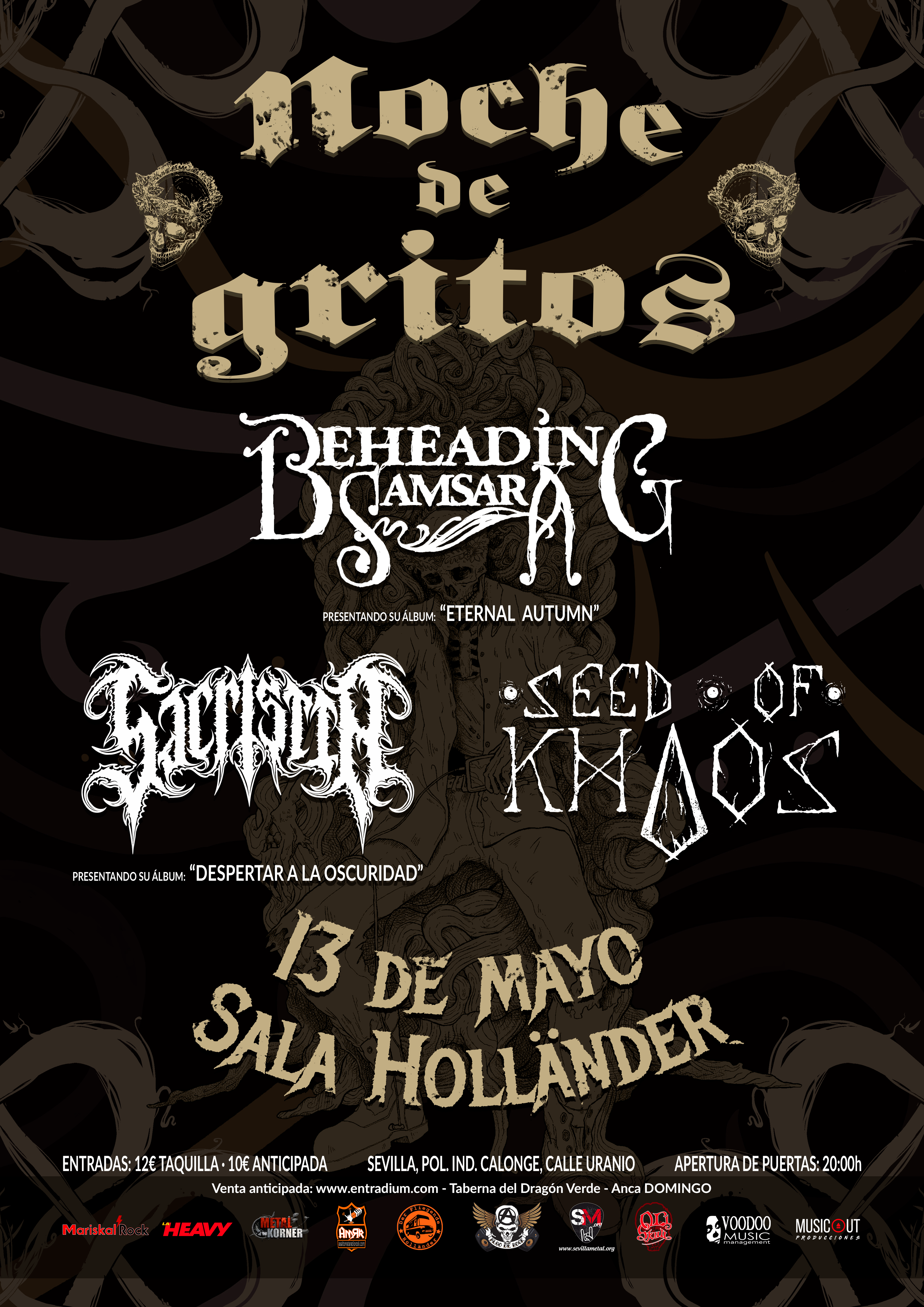 Presentamos el concierto Noche de Gritos que tendrá lugar el 13 de mayo en Sevilla (Sala Höllander) con las bandas Sacristía – Beheading Samsara y Seed Of Khaos